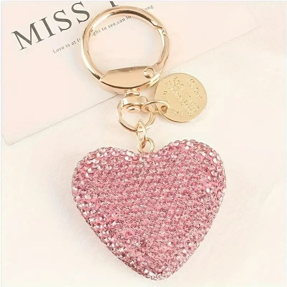 NWT Heart-Shaped Rhinestone Keychain Bag Charm PINK